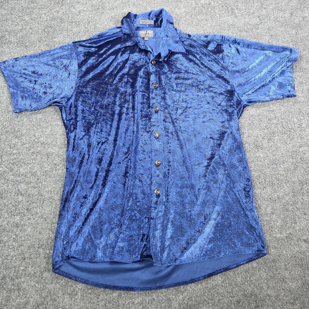Jordan Craig Shirt Mens Large Blue Velvet Geometric Short Sleeve Button Up Party